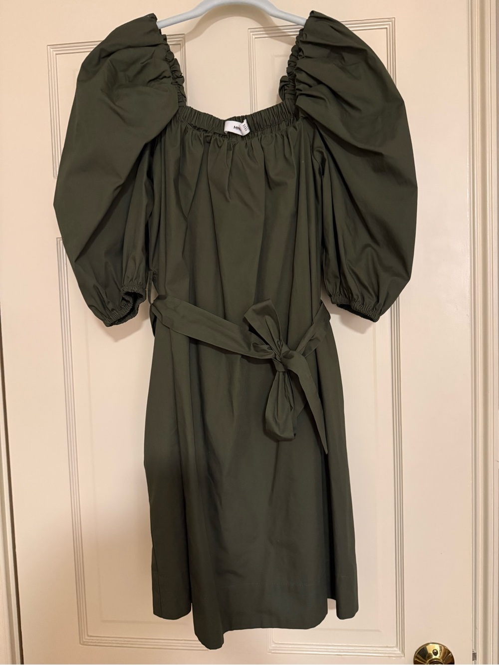 Mango Olive Puff-Sleeve Midi Dress with Tie Belt